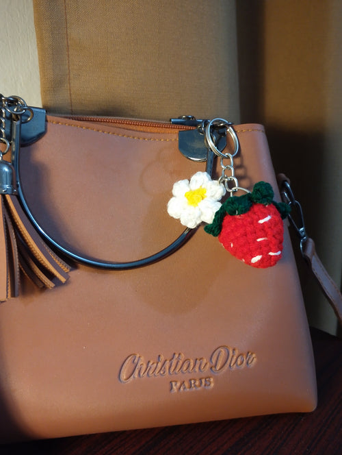 Crochet Strawberry and Flower Bag Charm