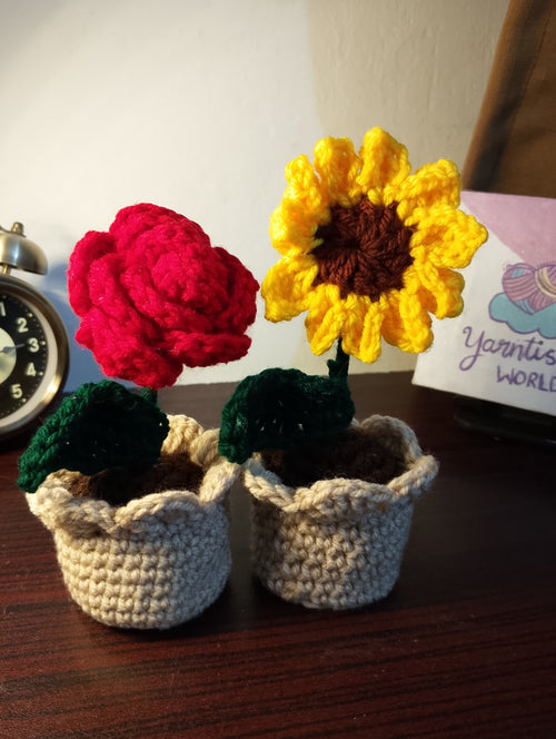 Handmade Crochet Potted Red Rose